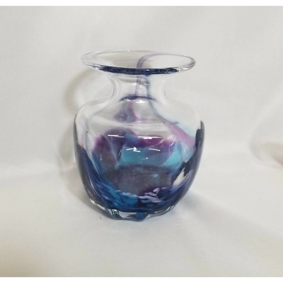 Jerpoint Glass Studio Ireland Hand Blown Purple Blue Swirl 4" Glass Vase - Picture 2 of 9